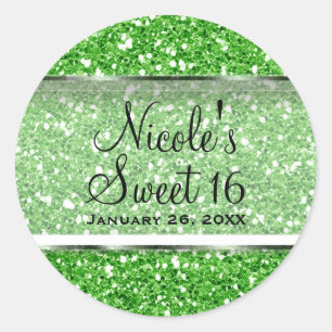 Sticker Rond Pailleté Vert Citron Douce 16 Faveur de Fête Perso