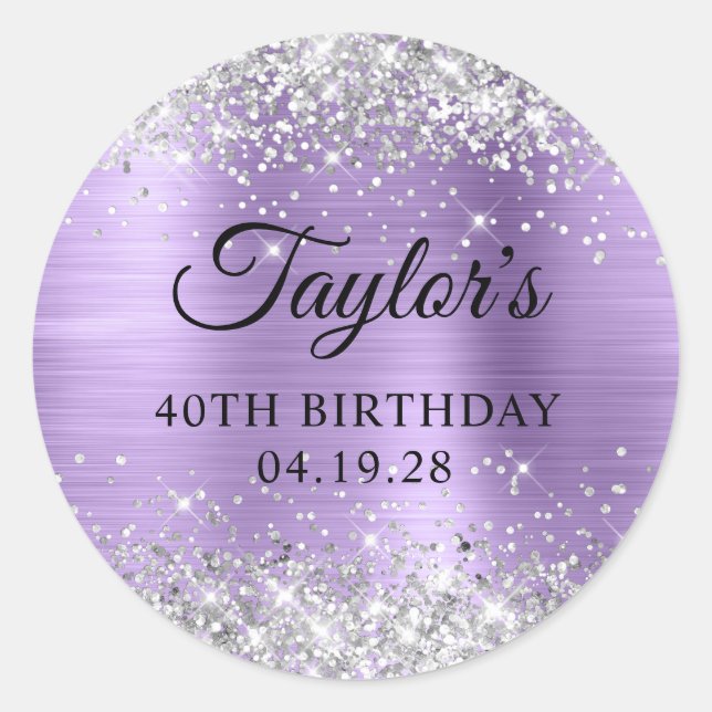 Sticker Rond Paillettes Argent Clair Violet Anniversaire 40 Ans (Devant)
