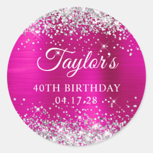 Sticker Rond Paillettes Argent Rose Chaud Anniversaire 40 Ans