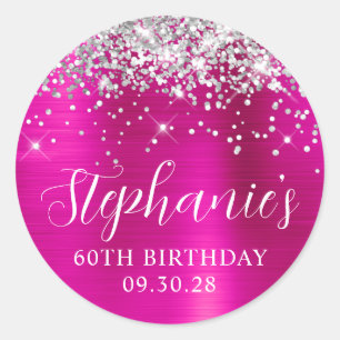 Sticker Rond Paillettes Argent Rose Chaud Feuille 60e Anniversa