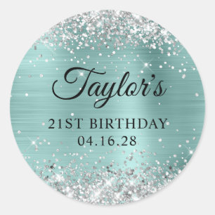 Sticker Rond Paillettes Argent Turquoise Clair Anniversaire 21