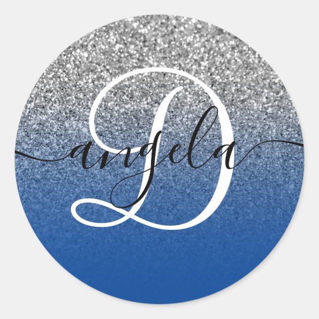 Sticker Rond Paillettes Argentées Dégradé Bleu Foncé Monogrammé (Devant)