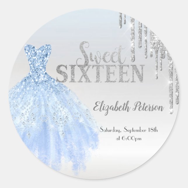 Sticker Rond Paillettes argentées gouttes, Robe bleue argentée  (Devant)