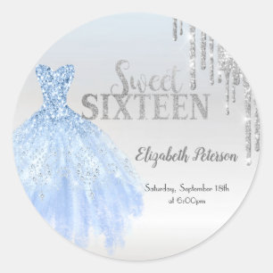 Sticker Rond Paillettes argentées gouttes, Robe bleue argentée
