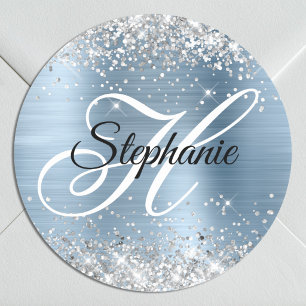 Sticker Rond Paillettes Argentées Monogramme Fantaisie en Feuil