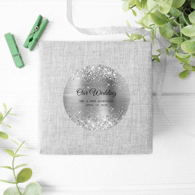 Sticker Rond Paillettes Argentées pour Notre Mariage (Wedding Favor Stickers)