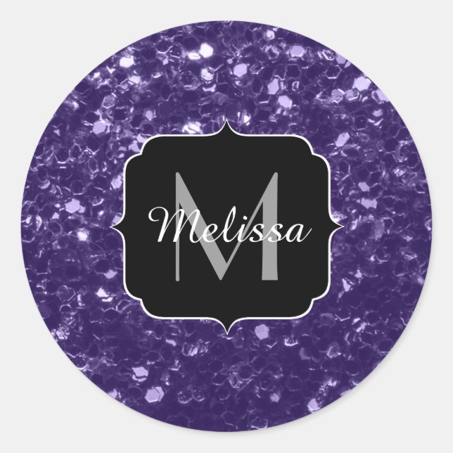 Sticker Rond Paillettes de violet ultra violet foncé Monogramme (Devant)