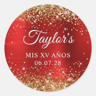 Sticker Rond Paillettes dorées Anniversaire Mis XV Ans Rouge Fe