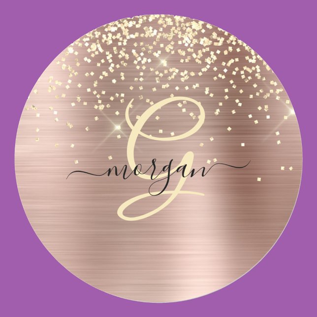 Sticker Rond Paillettes dorées, monogramme doré, nom en script  (Créateur téléchargé)