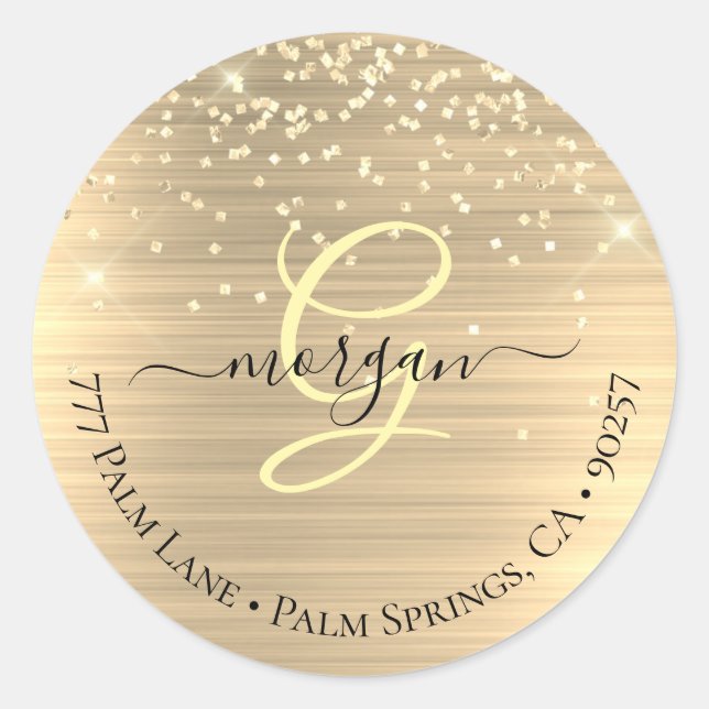 Sticker Rond Paillettes dorées & monogramme, nom et adresse en  (Devant)