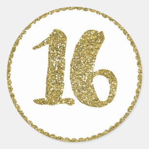 Sticker Rond Paillettes Dorées Sweet 16 Fête d'anniversaire 16 