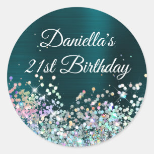 Sticker Rond Paillettes Holo Turquoise Foncé Anniversaire 21 An