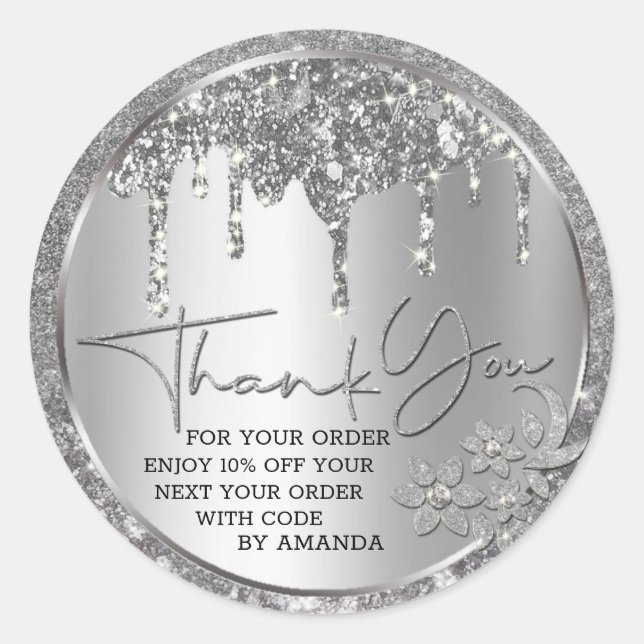 Sticker Rond Paillettes Merci Argent Gouttes de Glitter (Devant)