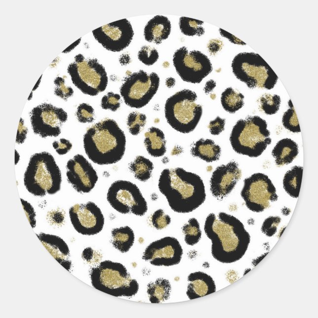 Sticker Rond Paillettes Or Blanc & Imprimé Léopard Guépard Noir (Devant)