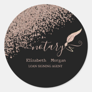 Sticker Rond Paillettes Plume Notaire Or Rose Diamants Noir