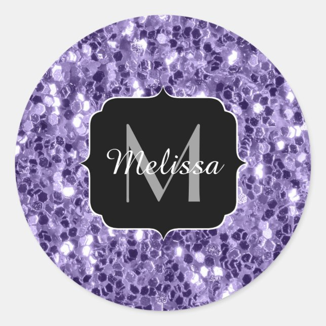 Sticker Rond Paillettes violet ultra violet monogramme (Devant)
