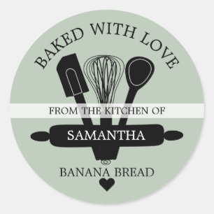 Sticker Rond Pain aux Bananes cuit avec amour Vert Sauge  