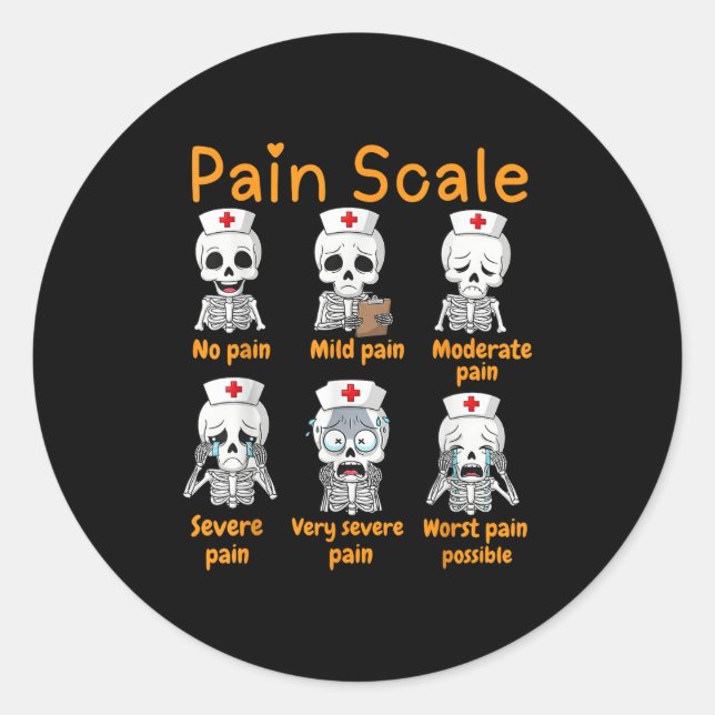 Sticker Rond Pain Scale Cute Nurse Skeleton Halloween Trauma Fu (Devant)