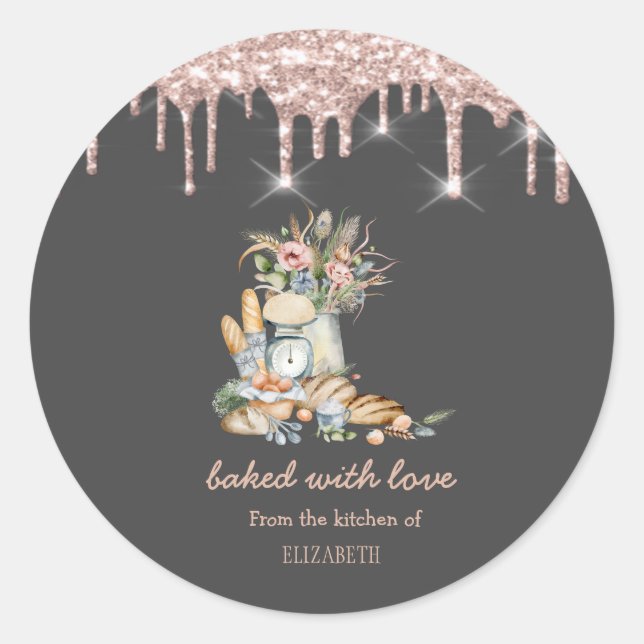 Sticker Rond Pains rustiques Fleurs Drips Or Rose Boulangerie   (Devant)