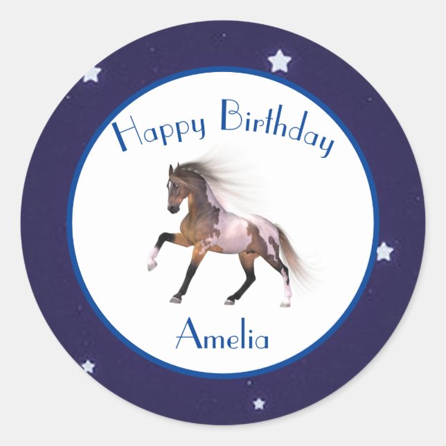 Sticker Rond Paint Horse Joyeux Anniversaire Personnalisé (Devant)