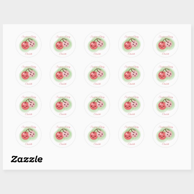 Sticker Rond Paire rose mignonne de cerises (Feuille)