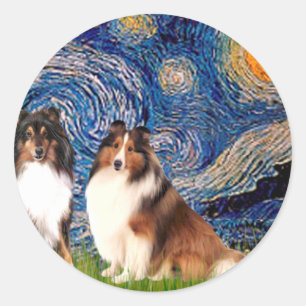 Sticker Rond Paire Shetland Sheepdog - Nuit étoilée