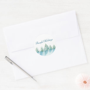 Sticker Rond Paisible Forêt d'hiver Aquarelle Script Noël