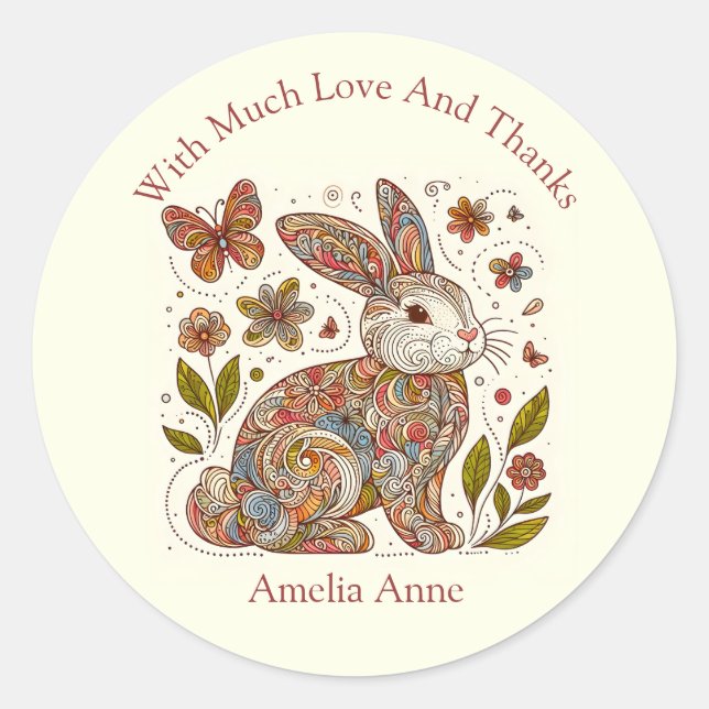 Sticker Rond Paisley Rabbit "Avec beaucoup d'amour" Merci Favor (Devant)