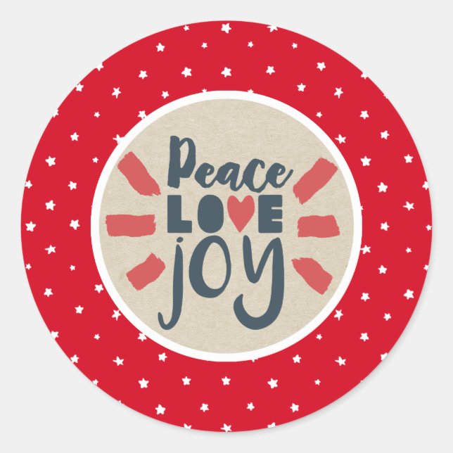 Sticker Rond PAIX AIMER JOIE Noël Red Stars Kraft Holiday (Devant)