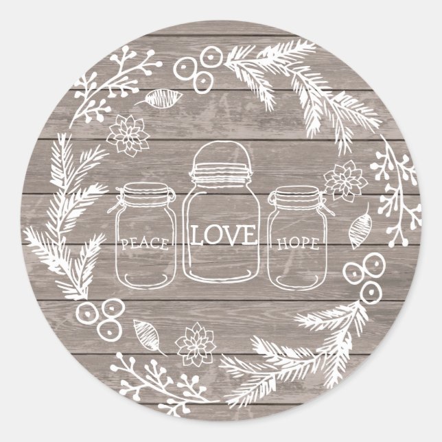 Sticker Rond Paix, amour et espoir Rustique Mason Jar Wreath (Devant)