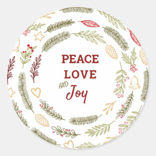 Sticker Rond Paix Amour Joie Feuillage de Noël Rustique Simple
