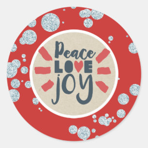 Sticker Rond PAIX AMOUR JOIE Noël Kraft Paillettes Fêtes