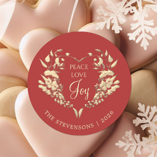 Sticker Rond Paix Amour Joie Noël Rouge Or