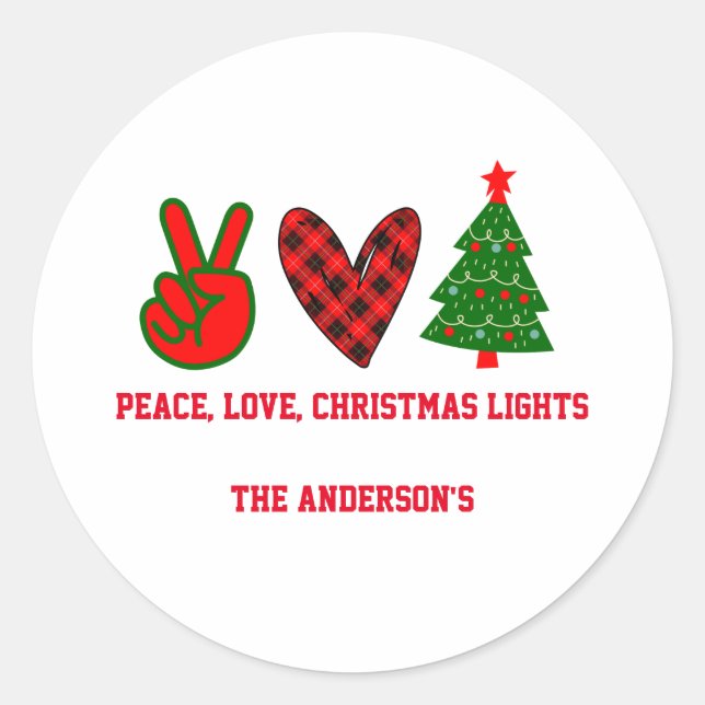 Sticker Rond Paix personnalisée Amour de Noël Lumières Vert Rou (Devant)