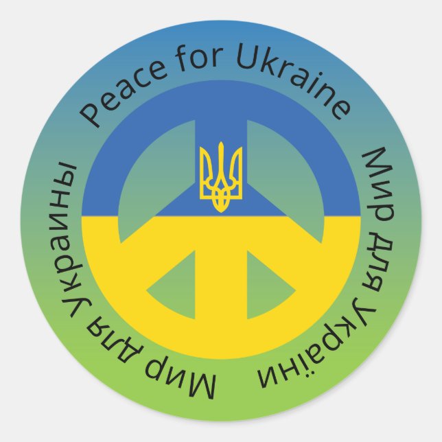 Sticker Rond Paix pour l'Ukraine en anglais ukrainien et russe (Devant)