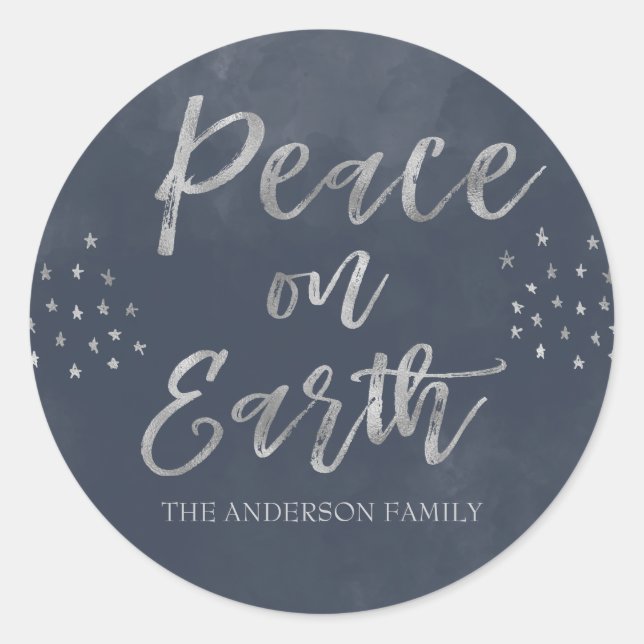 Sticker Rond Paix sur Terre Bleu et Aquarelle argentée Photo (Devant)