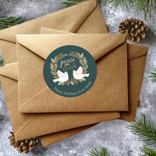 Sticker Rond Paix sur Terre Dotes Noël Fêtes de Noël PERSONNALI (Peace on Earth Doves Christmas Holidays CUSTOM Classic Round Sticker
)