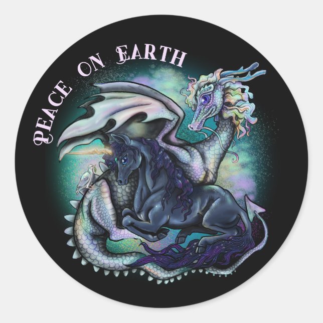 Sticker Rond Paix sur Terre Dragon et Unicorne (Devant)