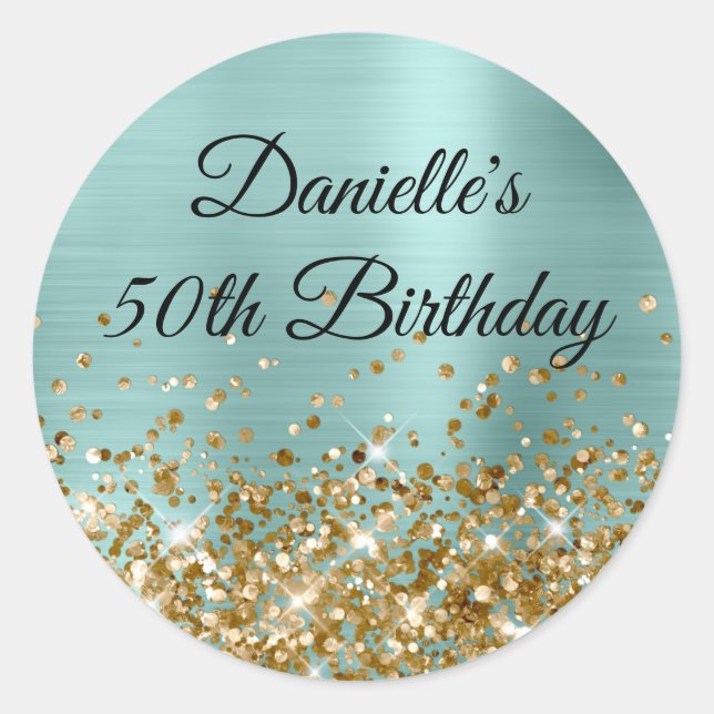Sticker Rond Pale Turquoise Foil Gold Parties scintillant 50e a (Devant)