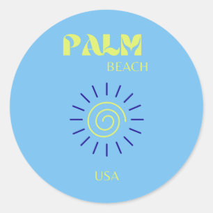 Sticker Rond Palm Beach, Art Voyage, Floride, Preppy, Bleu