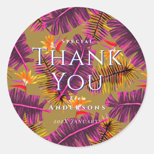 Sticker Rond Palm Paradise Yellow Orange Thank You (Devant)
