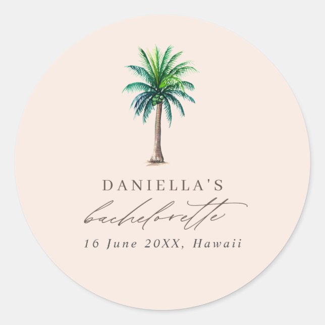 Sticker Rond Palm Tree Bachelorette Party Blush Favoriser (Devant)
