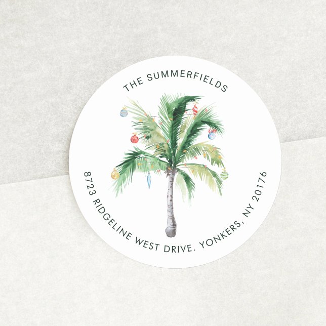 Sticker Rond Palm Tree Coastal Christmas Adresse de retour (Christmas Holiday Coastal Palm Tree with Return Address Round Sticker)