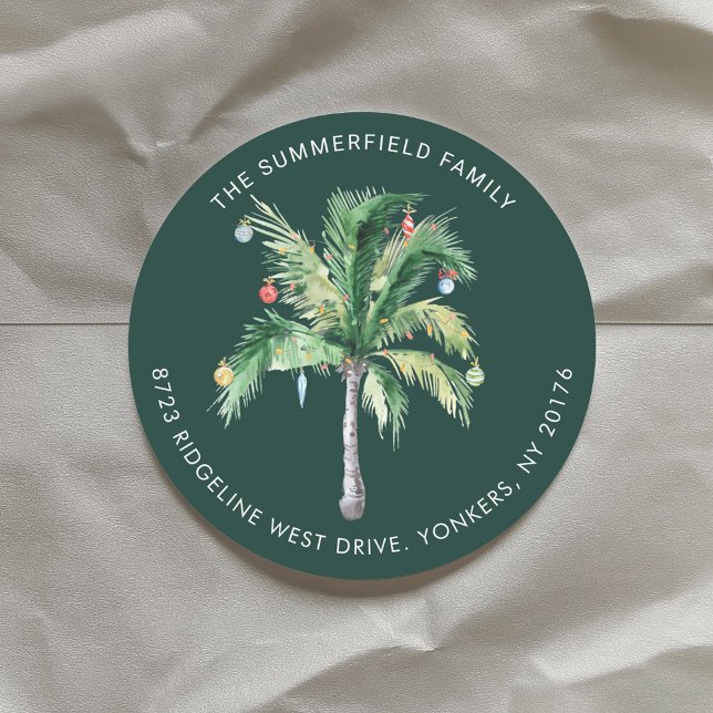 Sticker Rond Palm Tree Coastal Christmas Return Address (Palm Tree Coastal Christmas Return Address Classic Round Sticker)