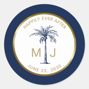 Sticker Rond Palm Tree Gold Monogramme Plage tropicale Mariage