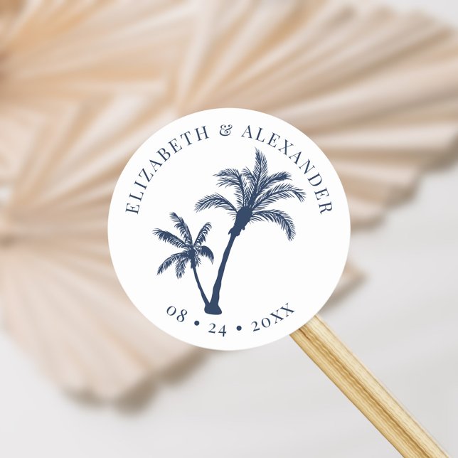 Sticker Rond Palm Tree Plage tropicale Mariage Marine Bleu (Créateur téléchargé)
