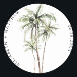 Sticker Rond Palm Tree Tropical | Mariage minimal<br><div class="desc">Plages de sable et brise chaude sont ce que ce design est tout. Célébrez votre thème de mariage tropical avec notre design simple et minimal de palmiers. Ce design est entièrement personnalisable et les couleurs peuvent être changées à votre goût.</div>