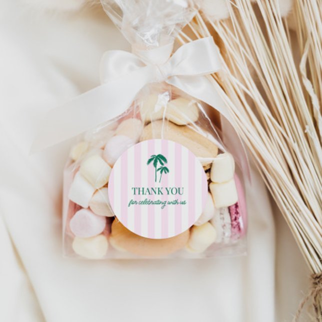 Sticker Rond Palmes vertes Bandes roses (Créateur téléchargé)