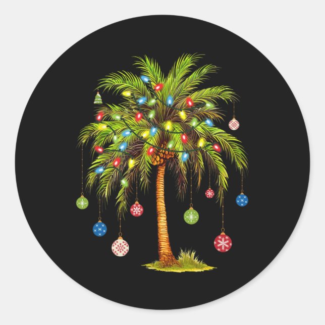 Sticker Rond Palmier de Noël Lumière Hawaï Tropical Noël 1 (Devant)
