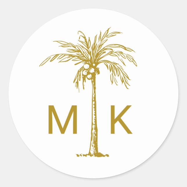 Sticker Rond Palmier doré élégant Monogramme Tropical (Devant)